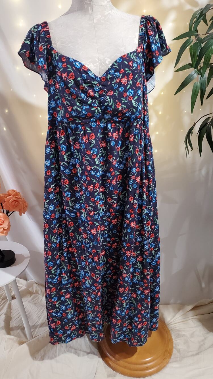 Draper James RSVP Flutter Babydoll Floral Midi Dress Plus Size XXL Linen Cottage